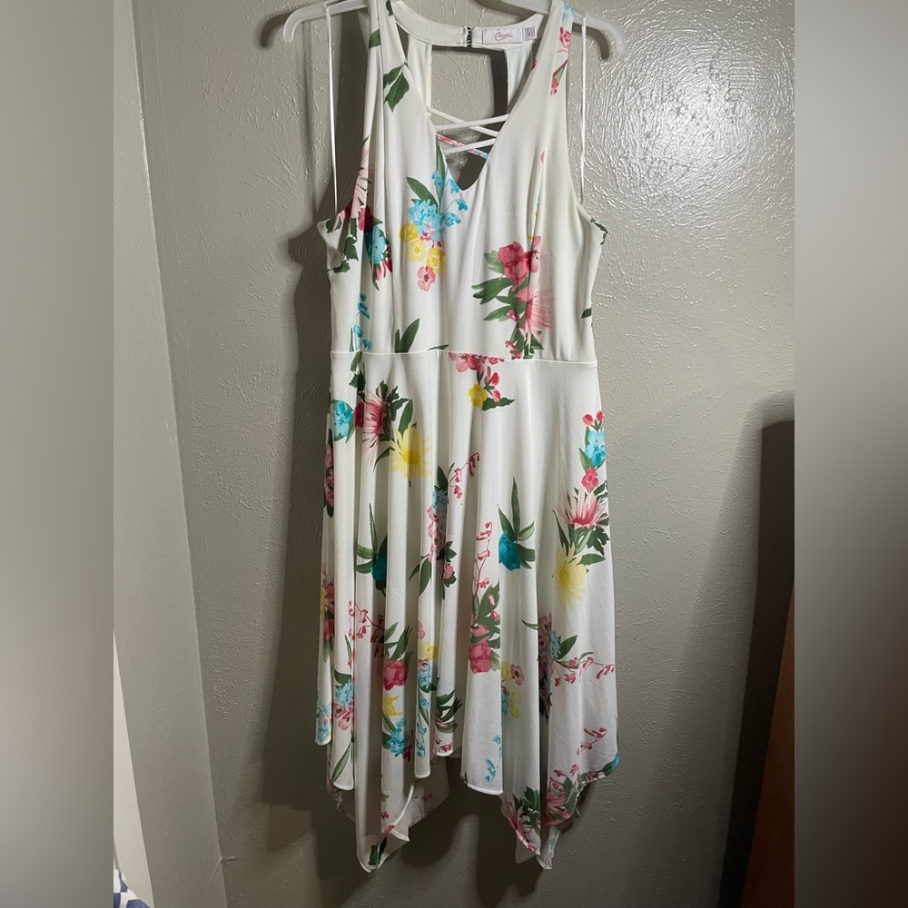 White sleeveless dress with multicolored flowers.